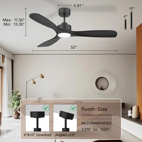 52" Wood Smart Ceiling Fan with Lights Remote — Smart Fan, Hoenofly