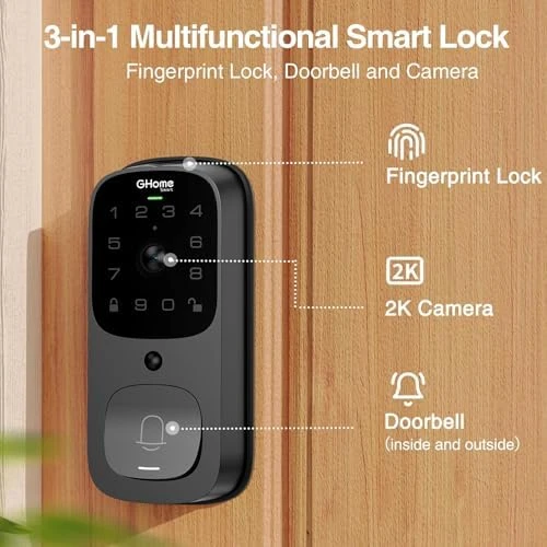 3 in 1 Door Lock with Fingerprint, WiFi, Keyless Entry Smart Deadbolt, 2K HD Camera — Smart Lock, GHome Smart
