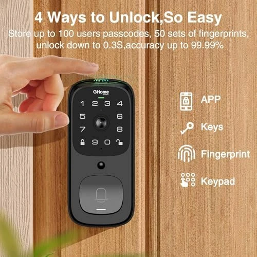 3 in 1 Door Lock with Fingerprint, WiFi, Keyless Entry Smart Deadbolt, 2K HD Camera — Smart Lock, GHome Smart