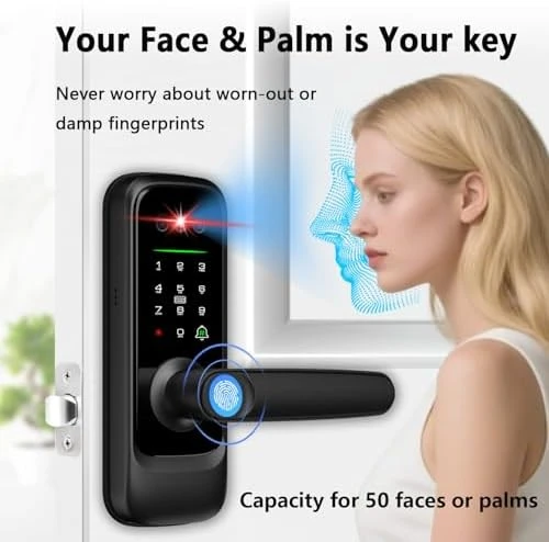 Smart Lock with Camera, 3D Face Recognition Palm Vein Fingerprint Keypad Access, Video Doorbell, WiFi Electronic Handle — Smart Lock, Jacchozhi