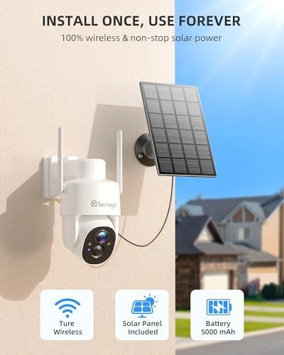 Solar Security Cameras Wireless Outdoor, 2K WiFi Cameras for Home Security, 360° PTZ Surveillance Camera with PIR, Color... — Security Camera, Techage