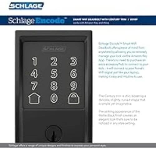 Encode Wi-Fi Smart Lock with Century Handleset Entry Set for Front Door, Matte Black — Smart Lock, SCHLAGE