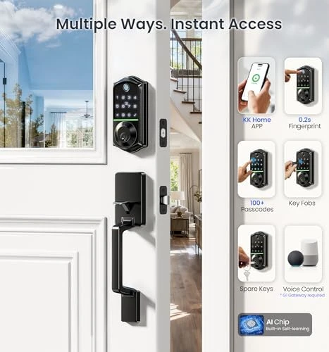 Smart Fingerprint Front Door Lock Set, App Control, 8-in-1 Keyless Entry Deadbolt with Lever Handle — Smart Lock, Veise