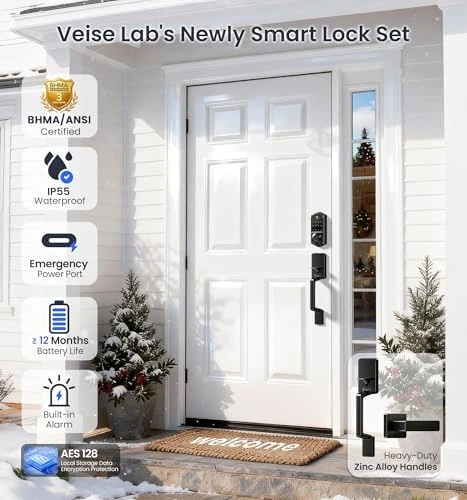 Smart Fingerprint Front Door Lock Set, App Control, 8-in-1 Keyless Entry Deadbolt with Lever Handle — Smart Lock, Veise