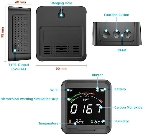 WiFi Carbon Monoxide Detector, 3-in-1 Air Quality Monitor — Air Quality Monitor, Protmex