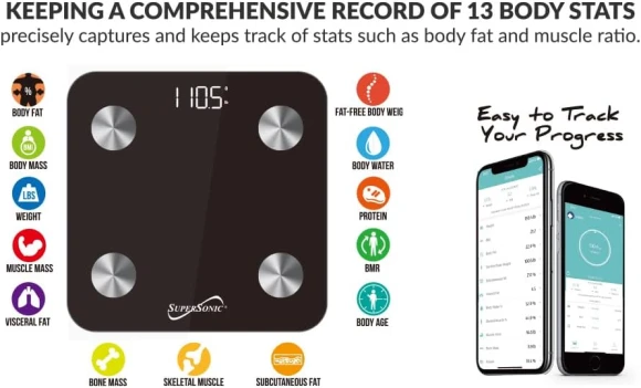 Bluetooth Enabled Fitness Weight Scale Tracker — Smart Scale, Supersonic
