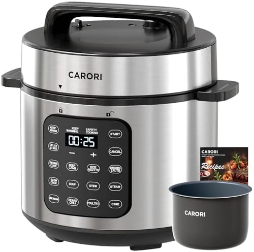 Electric Pressure Cooker 6 Quart Silver, Non-stick Pot, 9-in-1 Instant Pot, 12 Preset Functions with Touchscreen — Multicooker, Carori