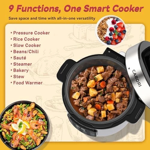 Electric Pressure Cooker 6 Quart Silver, Non-stick Pot, 9-in-1 Instant Pot, 12 Preset Functions with Touchscreen — Multicooker, Carori