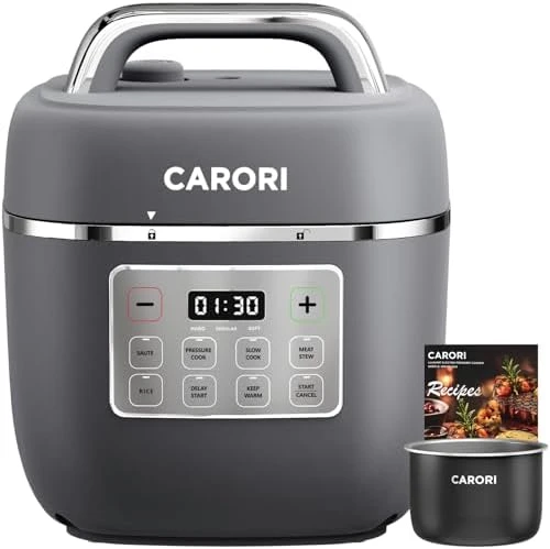Electric Pressure Cooker 6 Quart Silver, Non-stick Pot, 9-in-1 Instant Pot, 12 Preset Functions with Touchscreen — Multicooker, Carori
