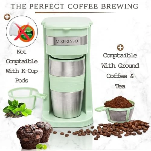 Green Personal Single Serve Coffee Maker with 14oz Travel Mug — Coffee Maker, Mixpresso