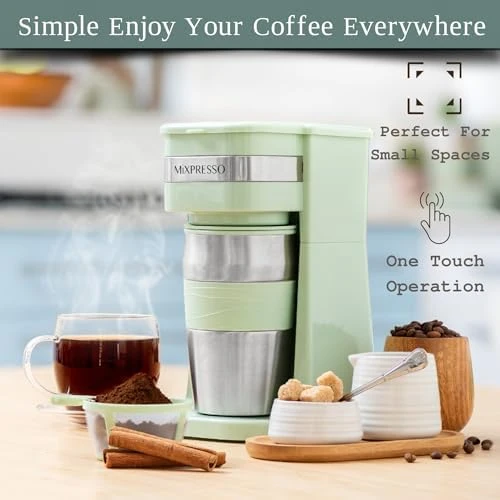 Green Personal Single Serve Coffee Maker with 14oz Travel Mug — Coffee Maker, Mixpresso