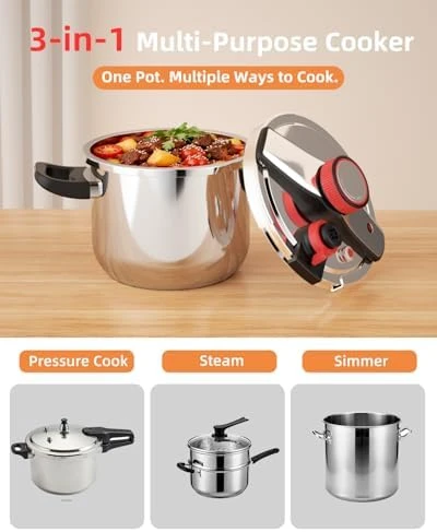 8 Qt Pressure Cooker, 3-in-1 Fast Cooking with One-Hand Locking — Multicooker, Jyxmor