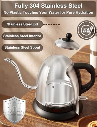 Electric Gooseneck Kettle, 1L Water Boiler, BPA-Free, Pour Over Tea Pot Stainless Steel — Electric Kettle, Stariver
