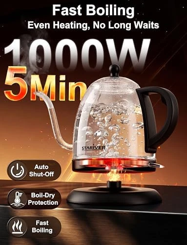 Electric Gooseneck Kettle, 1L Water Boiler, BPA-Free, Pour Over Tea Pot Stainless Steel — Electric Kettle, Stariver