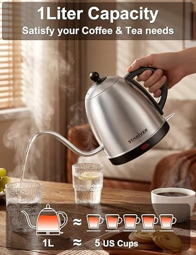 Electric Gooseneck Kettle, 1L Water Boiler, BPA-Free, Pour Over Tea Pot Stainless Steel — Electric Kettle, Stariver
