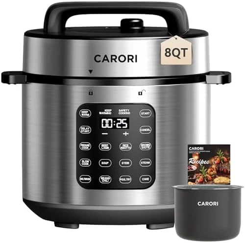 Electric Pressure Cooker 6 Quart Silver, Non-stick Pot, 9-in-1 Instant Pot, 12 Preset Functions with Touchscreen — Multicooker, Carori