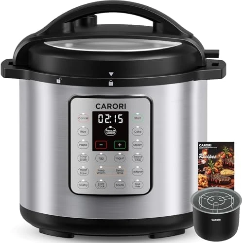 Electric Pressure Cooker 6 Quart Silver, Non-stick Pot, 9-in-1 Instant Pot, 12 Preset Functions with Touchscreen — Multicooker, Carori