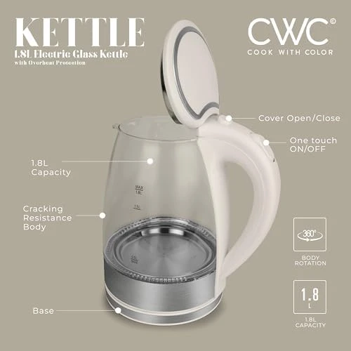 Electric Tea Kettle, 1.8L Cordless Hot Water Boiler, 1200W Rapid Boil, Auto Shutoff & Boil Dry Protection, Sleek... — Electric Kettle, COOK WITH COLOR