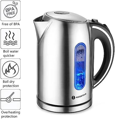 Electric Kettle Stainless Steel, 1.7 Liter Cordless Tea Kettle — Electric Kettle, Aigostar