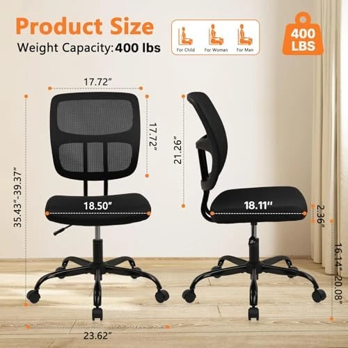 Armless Home Office Chair, Small Ergonomic Mesh Back Desk Chair with Lumbar Support and Wheels — Smart Chairs, CLATINA