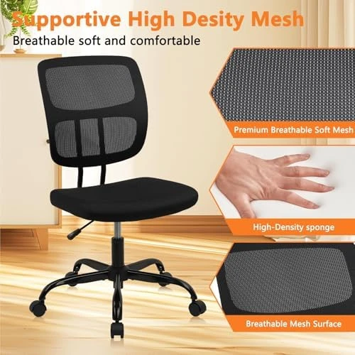 Armless Home Office Chair, Small Ergonomic Mesh Back Desk Chair with Lumbar Support and Wheels — Smart Chairs, CLATINA