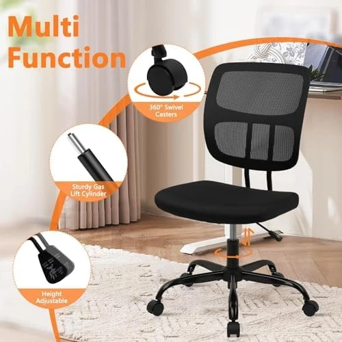 Armless Home Office Chair, Small Ergonomic Mesh Back Desk Chair with Lumbar Support and Wheels — Smart Chairs, CLATINA