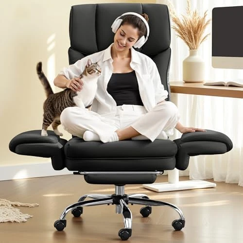 Big and Tall Office Chair, 400LBS Wide Leather Executive Chair, Reversible Armrest for Pets Criss Cross Legged, 135°... — Smart Chairs, FelixKing