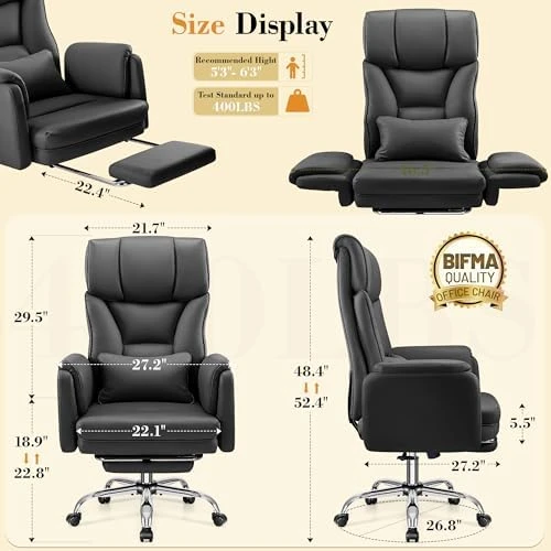 Big and Tall Office Chair, 400LBS Wide Leather Executive Chair, Reversible Armrest for Pets Criss Cross Legged, 135°... — Smart Chairs, FelixKing