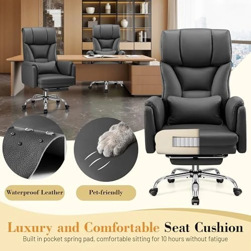 Big and Tall Office Chair, 400LBS Wide Leather Executive Chair, Reversible Armrest for Pets Criss Cross Legged, 135°... — Smart Chairs, FelixKing