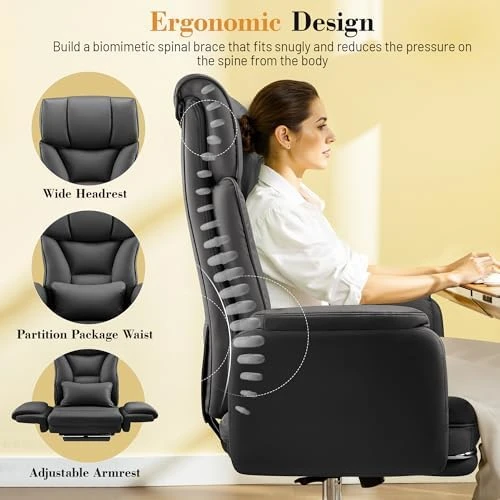 Big and Tall Office Chair, 400LBS Wide Leather Executive Chair, Reversible Armrest for Pets Criss Cross Legged, 135°... — Smart Chairs, FelixKing