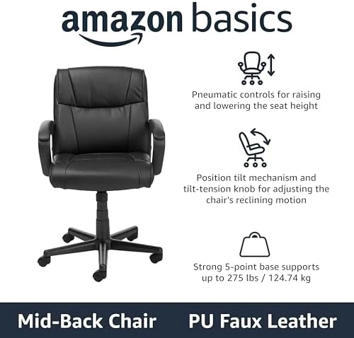 Office Task Chair with Adjustable Height, 360° Swivel, Padded Armrests, Mid-Back, Rolling — Smart Chairs, Amazon Basics