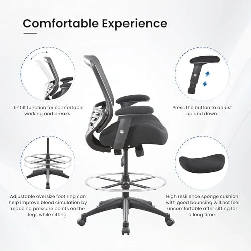 400lbs Mid Back Mesh Ergonomic Drafting Chair for Standing Desk Office Wide Chair with Built-in Lumbar Support, Big... — Smart Chairs, BOLISS