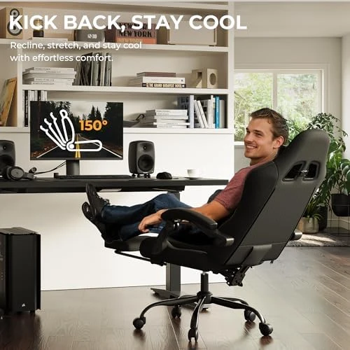 Gaming Chair with Footrest, Ergonomic Leather Mesh Chair, Massage Lumbar Support — Smart Chairs, Dowinx