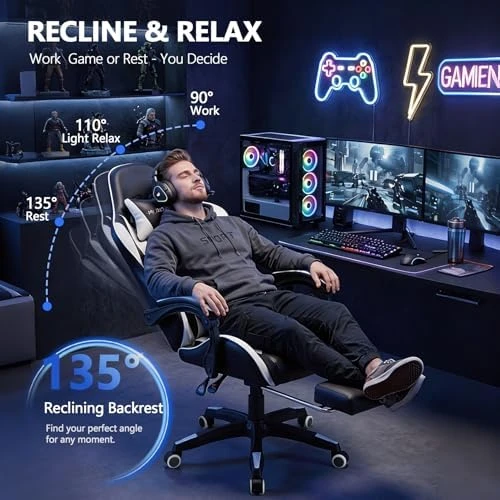 Gaming Chair with Footrest, Ergonomic Reclining, Lumbar Support & Massage, High Back Racing Style, Adjustable Headrest,... — Smart Chairs, Mr IRONSTONE