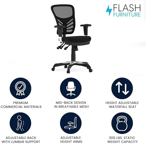 Mid-Back Swivel Desk Chair with Wheels, Mesh Back, Padded Seat, and Armrests — Smart Chairs, Flash Furniture