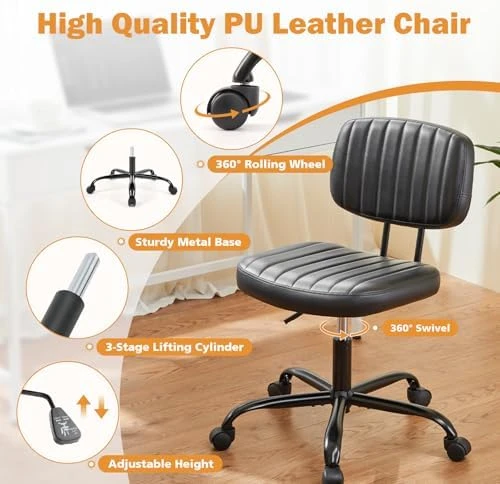 Small Office Desk Chair - Armless PU Leather with Lumbar Support — Smart Chairs, Sweetcrispy
