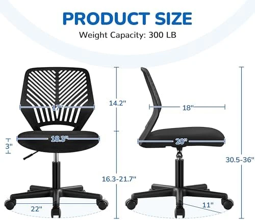 Student Desk Chair, Low-Back Armless Study Chair with Lumbar Support, Adjustable Swivel Office Chair — Smart Chairs, Yaheetech