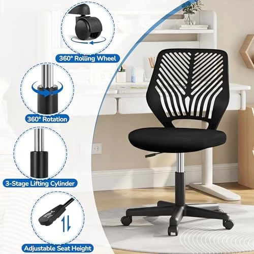 Student Desk Chair, Low-Back Armless Study Chair with Lumbar Support, Adjustable Swivel Office Chair — Smart Chairs, Yaheetech