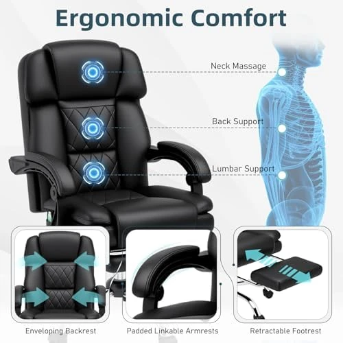 6-Point Massage Office Chair with Heat, Ergonomic Reclining Desk Chair with Footrest, PU Leather Executive Chairs for... — Massage Chairs, HOMREST