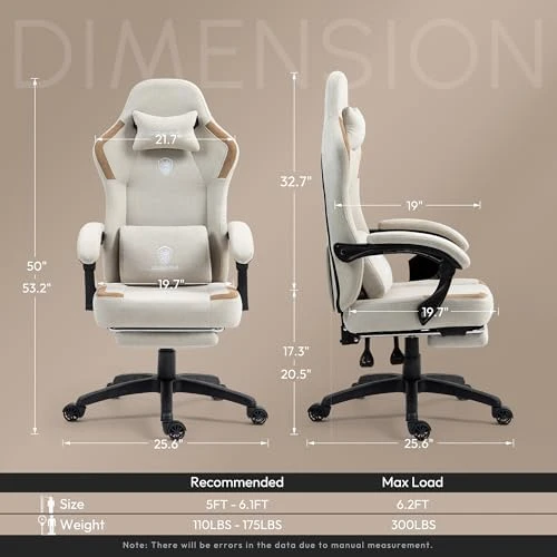 Fabric Gaming Chair with Pocket Spring Cushion, Massage Lumbar Support and Footrest — Smart Chairs, Dowinx