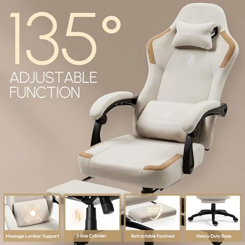 Fabric Gaming Chair with Pocket Spring Cushion, Massage Lumbar Support and Footrest — Smart Chairs, Dowinx