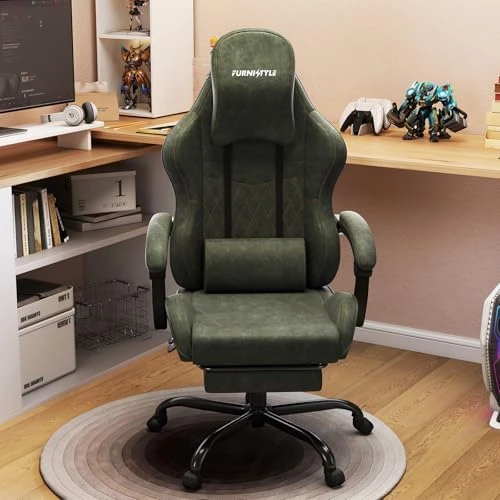 Gaming Chair Big and Tall, Green Leather with Footrest, Padded Linkage Armrests & Large Headrest — Smart Chairs, Furnistyle