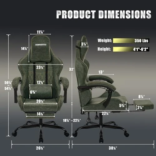 Gaming Chair Big and Tall, Green Leather with Footrest, Padded Linkage Armrests & Large Headrest — Smart Chairs, Furnistyle