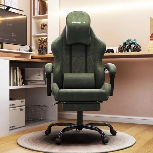 Gaming Chair Big and Tall, Green Leather with Footrest, Padded Linkage Armrests & Large Headrest — Smart Chairs, Furnistyle