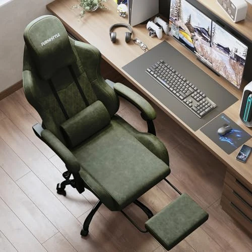 Gaming Chair Big and Tall, Green Leather with Footrest, Padded Linkage Armrests & Large Headrest — Smart Chairs, Furnistyle