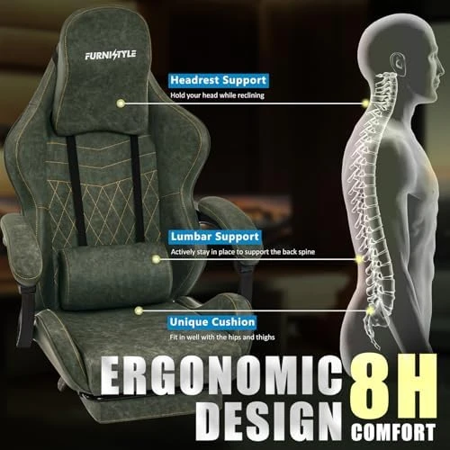 Gaming Chair Big and Tall, Green Leather with Footrest, Padded Linkage Armrests & Large Headrest — Smart Chairs, Furnistyle