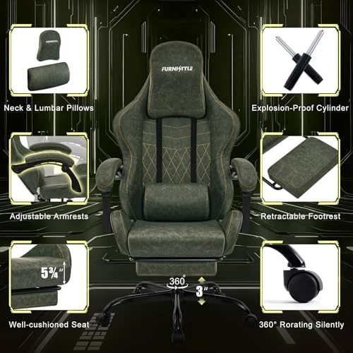 Gaming Chair Big and Tall, Green Leather with Footrest, Padded Linkage Armrests & Large Headrest — Smart Chairs, Furnistyle