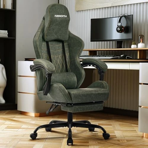 Gaming Chair Big and Tall, Green Leather with Footrest, Padded Linkage Armrests & Large Headrest — Smart Chairs, Furnistyle