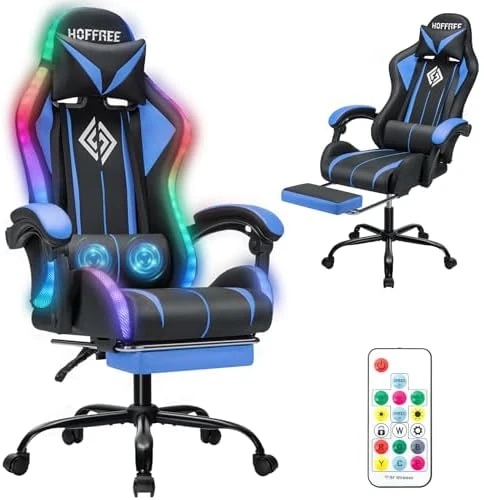 Gaming Chair with LED RGB Lights with Massage and Footrest — Smart Chairs, HOFFREE