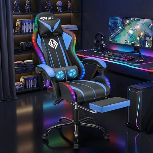 Gaming Chair with LED RGB Lights with Massage and Footrest — Smart Chairs, HOFFREE